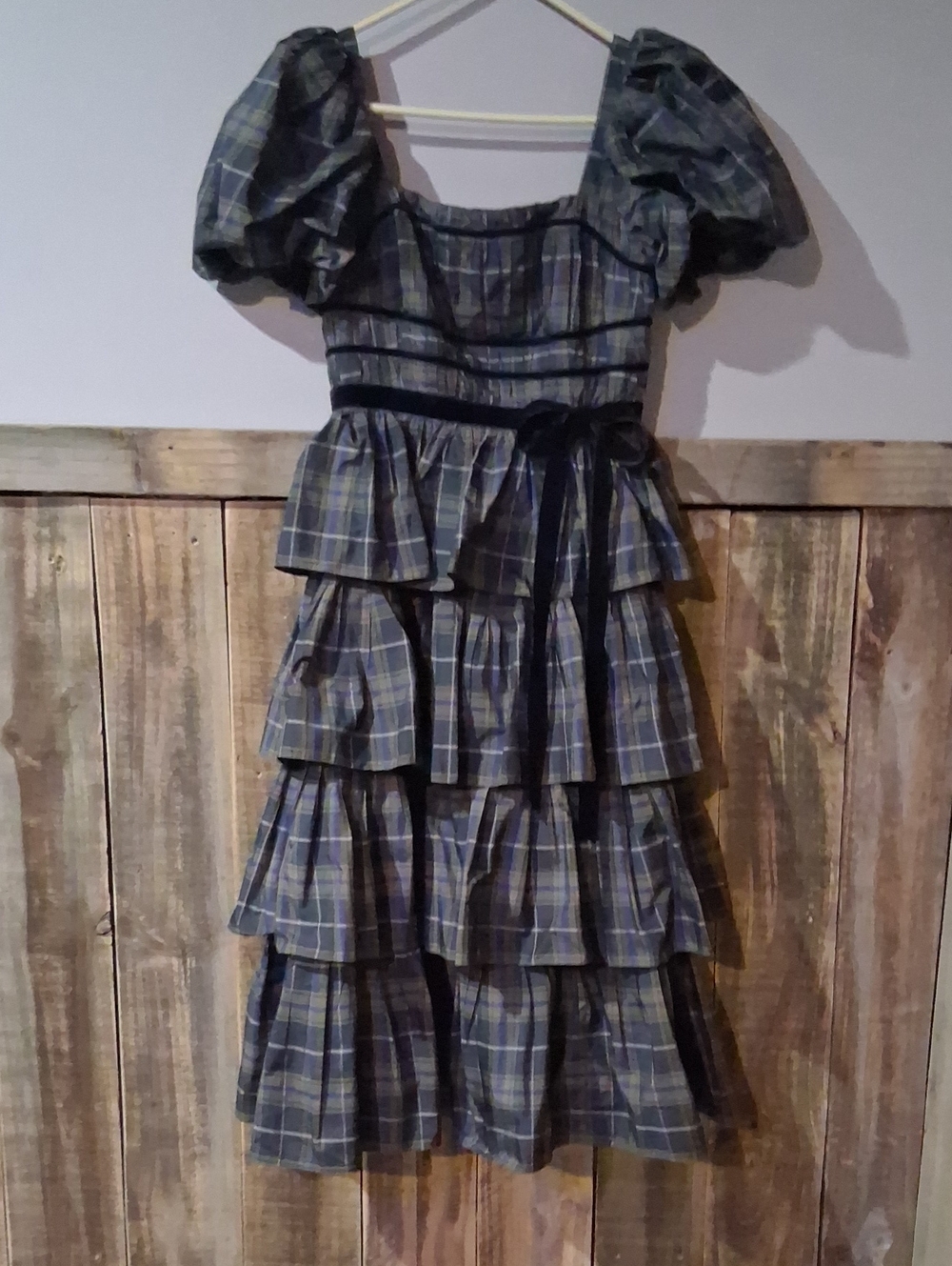 ANTONIO MELANI Blue Plaid Tiered Maxi Dress with Puff Sleeves